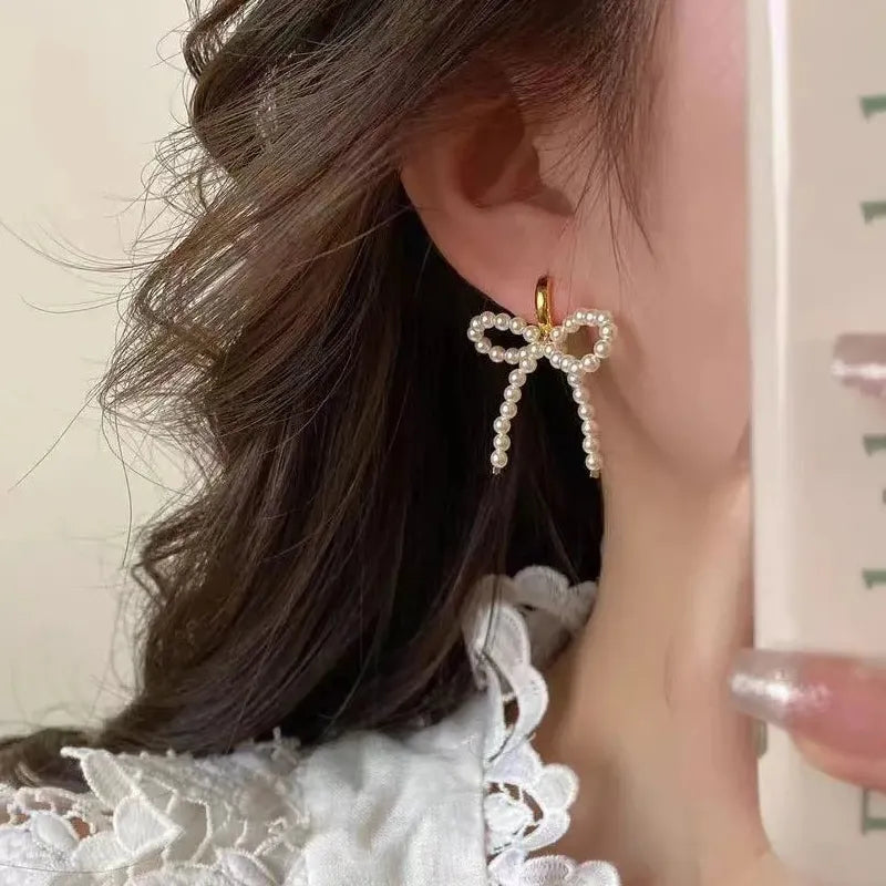 Handmade Korean Pearl Bow Tassel Hoop Earrings Zinc Alloy Dangle Y2K