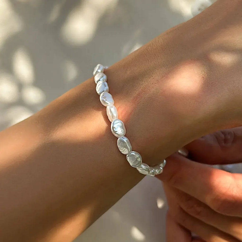 Oval Imitation Pearl Chain Bracelet Necklace Men Women Handmade Classic Jewelry Set