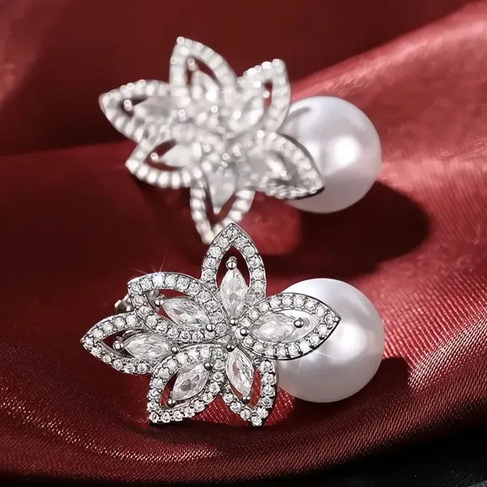 Elegant Pearl & Cubic Zirconia Geometric Flower Drop Earrings for Weddings