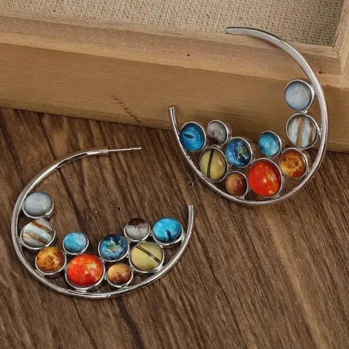 Vintage Bohemian Silver Plated Hoop Earrings with Synthetic Gems Drop Design