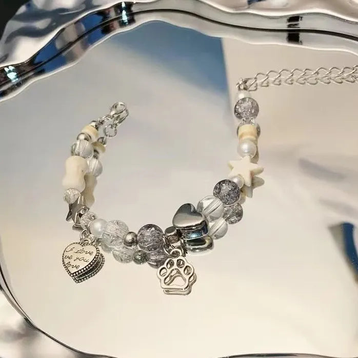 Adjustable Heart Star Cat Paw Bone Beaded Charm Bracelet for Women Gift