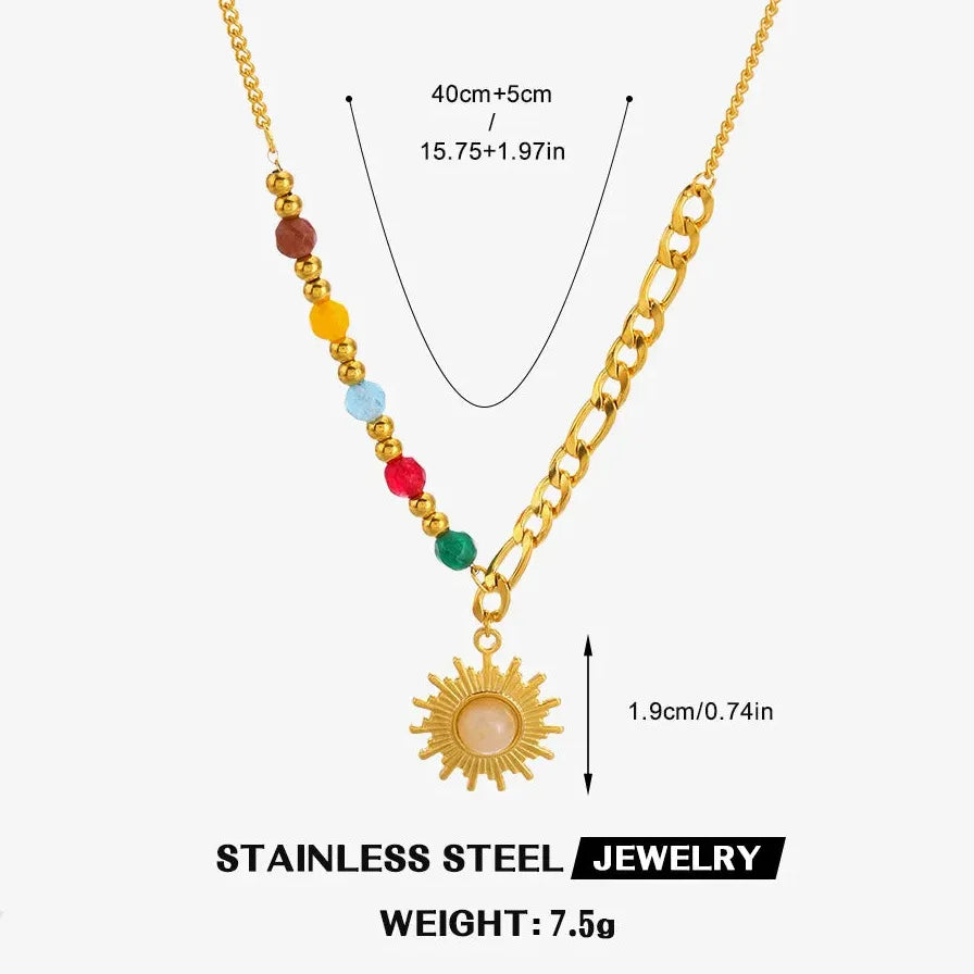 Boho Handmade Pink Opal Beads Necklace Stainless Steel Sun Pendant Chain Jewelry