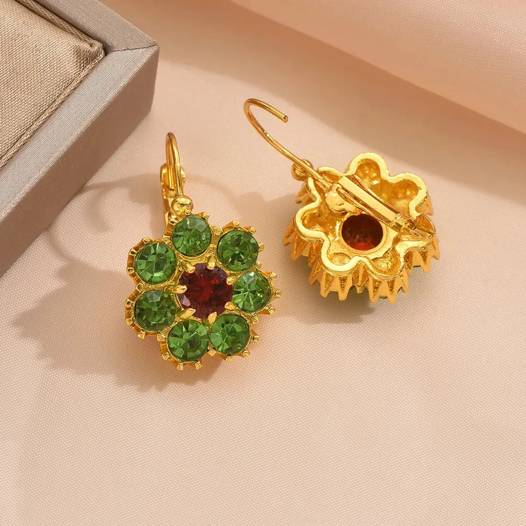 Festival Round Flower Inlay Green Red Stone Drop Earrings for Women Party Jewelry