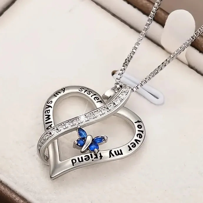 Blue Butterfly Heart Pendant Necklace with CZ Copper Alloy Jewelry Gift