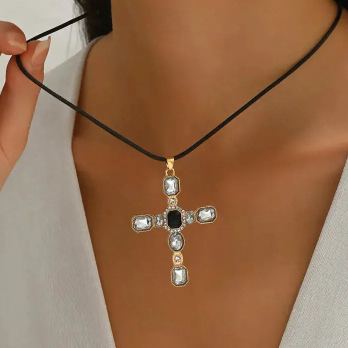 Crystal Cross Pendant Necklace Leather Choker Punk Gothic Hip Hop Unisex Jewelry