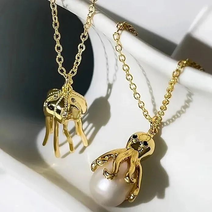 18K Gold Plated Octopus Pearl Necklace Ocean Jewelry Dainty Choker Pendant