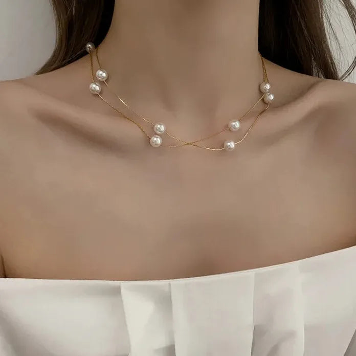 Imitation Pearl Choker Necklace for Women Double Layer Gold Chain Circle Pendant Gift