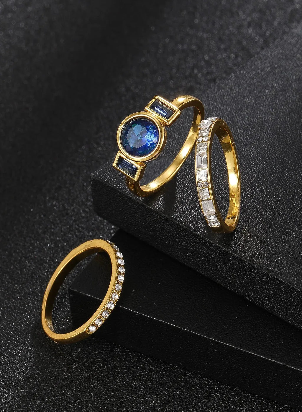 3Pcs Women’s Fashion Gold Zinc Alloy Blue Round Stone Rings Party Gift