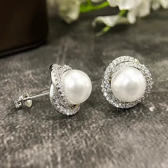 Geometric Silver Cubic Zirconia Pearl Stud Earrings for Women Jewelry