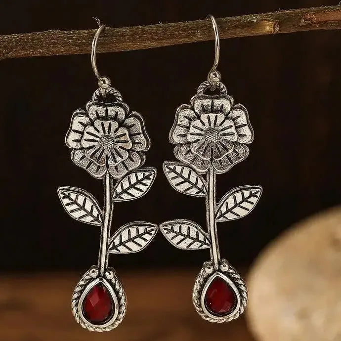 Vintage Metal Handmade Carving Flower Earrings with Redstone Inlay for Women