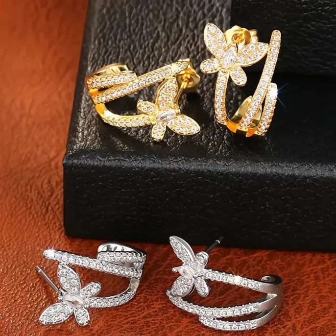 Women Geometric Hoop Earrings Butterfly Design Cubic Zirconia Copper Jewelry