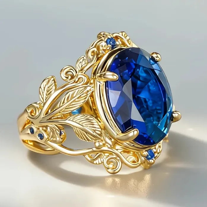 Elegant Women's Brass Ring with Blue Cubic Zirconia Leaf Design Wedding Jewelry