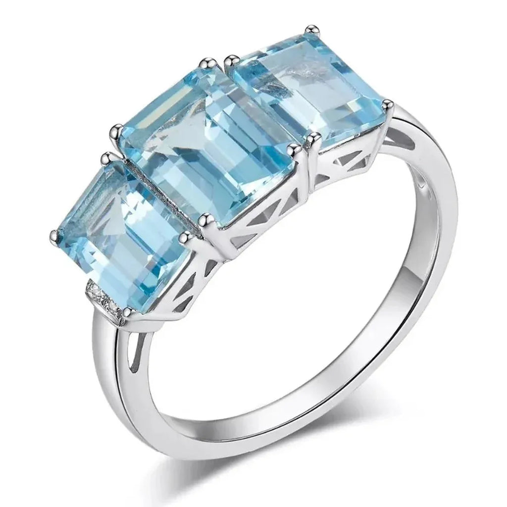 Silver Aquamarine Gemstone Ring for Women Zinc Alloy Wedding Party Jewelry Gift