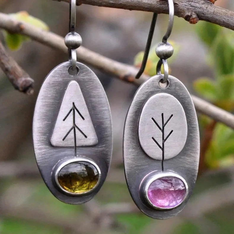 Silver Rose Gold Oval Tree Geometry Long Dangle Earrings for Women Wedding Jewelry