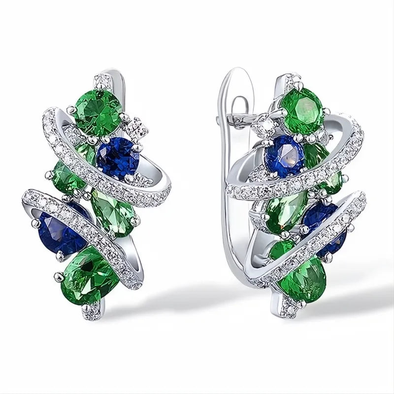 Green Blue Cubic Zirconia Hoop Earrings for Women Elegant Bridal Wedding Party Jewelry