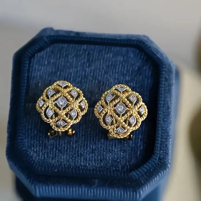 Vintage Hollow Two-Tone Rhombic Geometric Copper Alloy Stud Earrings Women