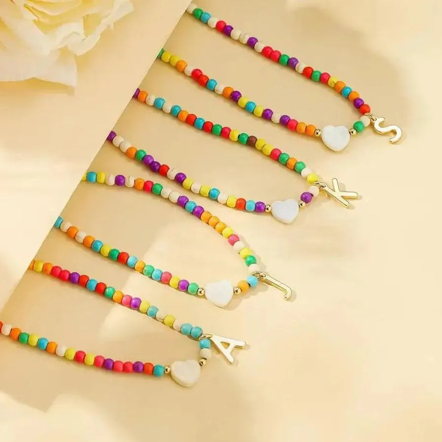 18k Gold Plated Alphabet Letter Pendant Necklace Beads Mini Heart Choker Women