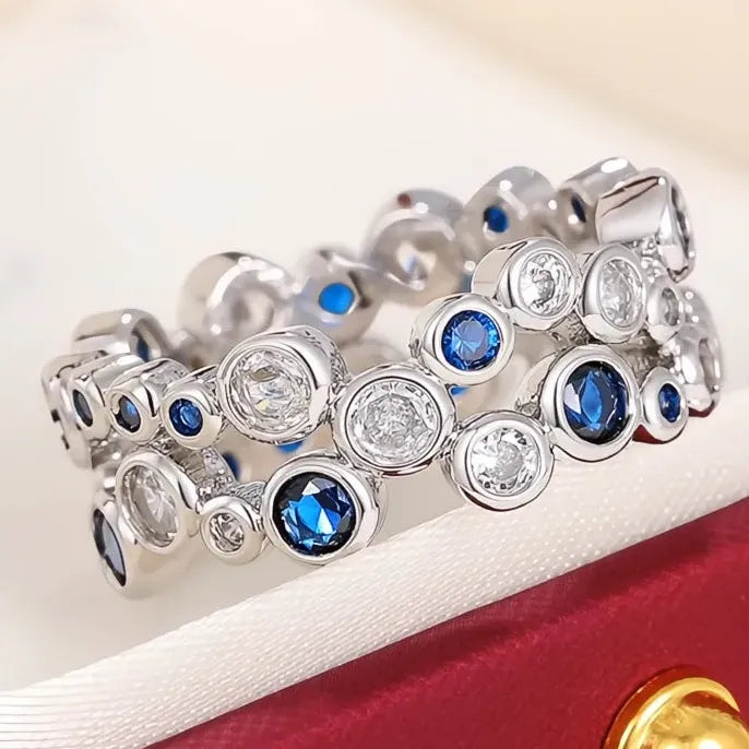 Women’s Silver Cubic Zirconia Wedding Band Ring Brass Blue White Jewelry