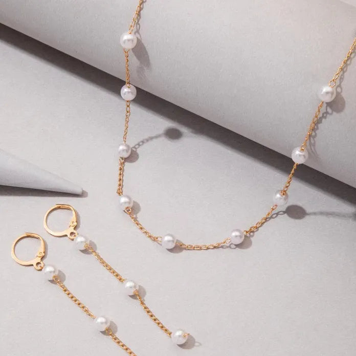 3Pcs Korean Gold Pearl Choker Necklace Earrings Set Fashion Jewelry