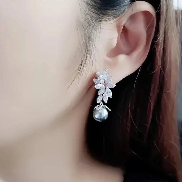 Multi-Colored Imitation Pearl Leaf Dangle Earrings with CZ Brass Alloy