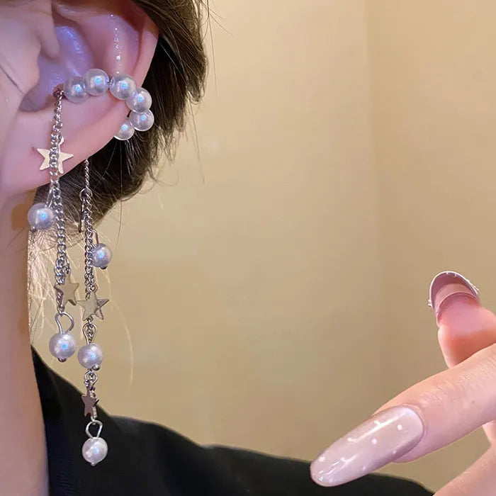 Adjustable Pearl Beaded Tassel Clip Earrings Non-Pierced Ear Cuff Gift