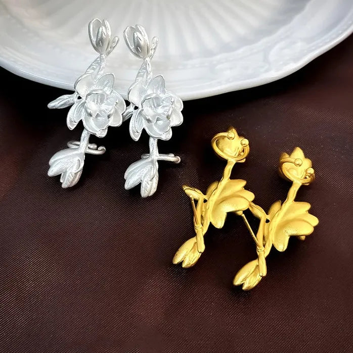 Vintage Matte Copper Jasmine Plant Stud Earrings Art Deco Unisex Jewelry