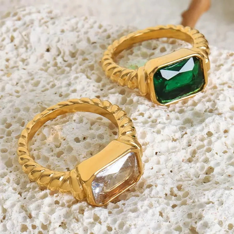 18K Gold Plated Stainless Steel Square Multi-Color Crystal CZ Chunky Ring