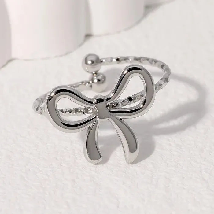 Adjustable Gold Color Stainless Steel Bowknot Ribbon Ring for Women Jewelry Gift