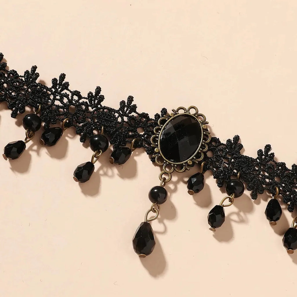 Black Lace Gothic Choker with Crystal Circle Pendant for Women