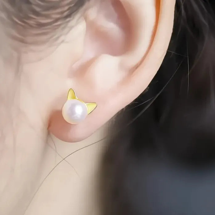 Geometric Cat Ear Imitation Pearl Stud Earrings for Women Brass Jewelry