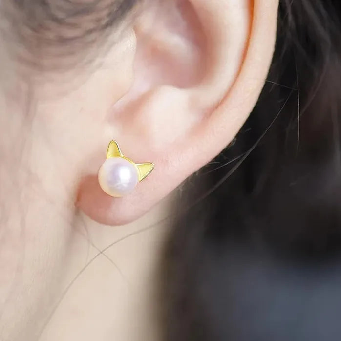 Cat Ear Pearl Stud Earrings for Women Dainty Sweet Girls Jewelry