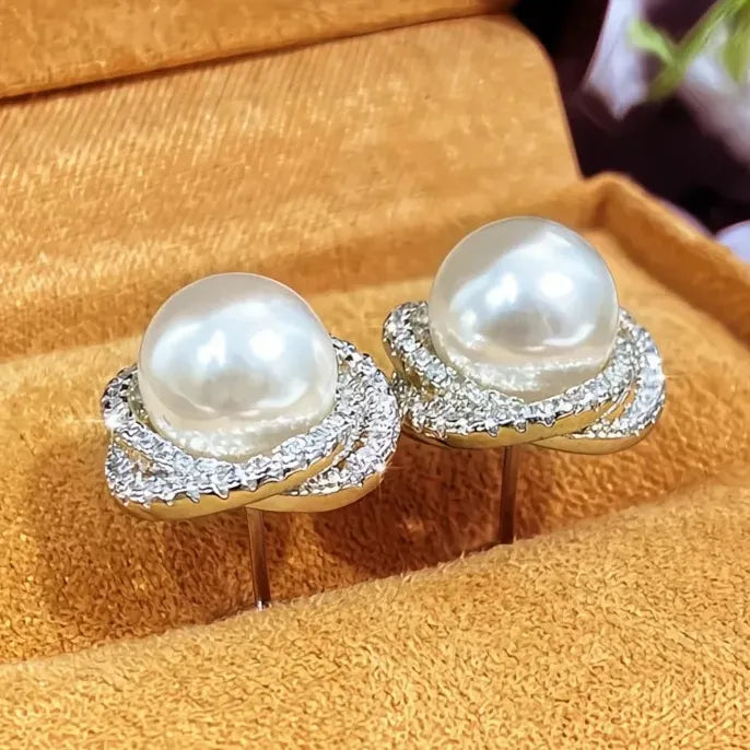 Geometric Silver Cubic Zirconia Pearl Stud Earrings for Women Jewelry