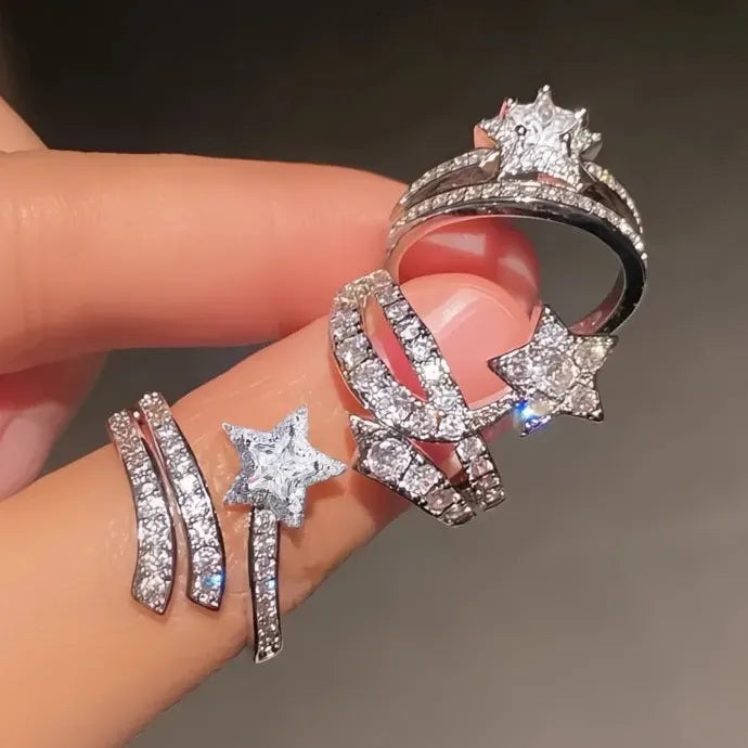 Star Women Ring Wedding Engagement Shining CZ Brass Jewelry Cocktail Ring