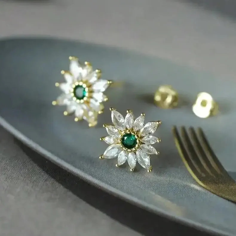 Sunflower Leaf Copper Jewelry Set Necklace Earrings Classic Green Gift