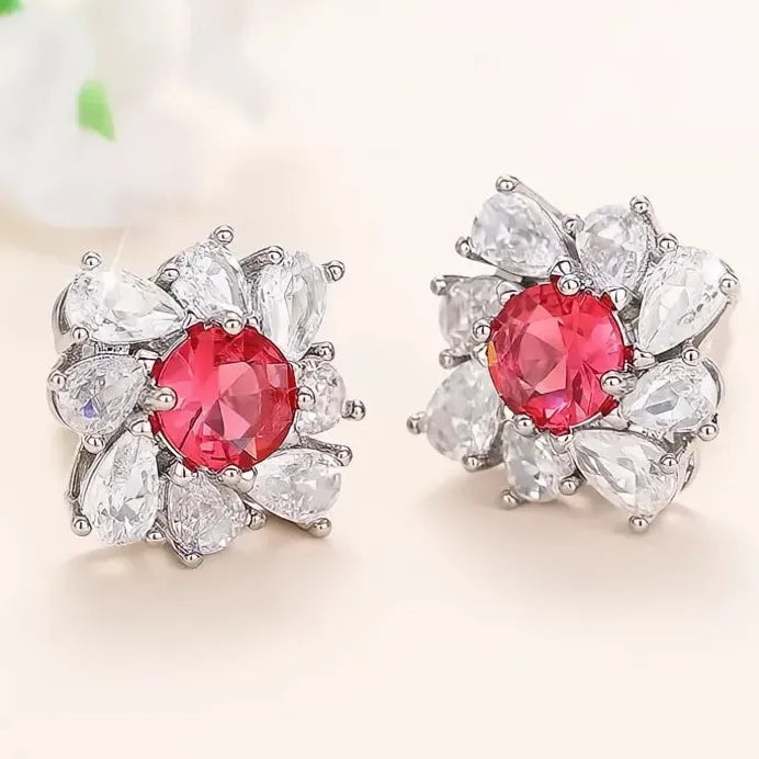 Elegant Geometric Red CZ Stud Earrings for Women Wedding Jewelry Gift