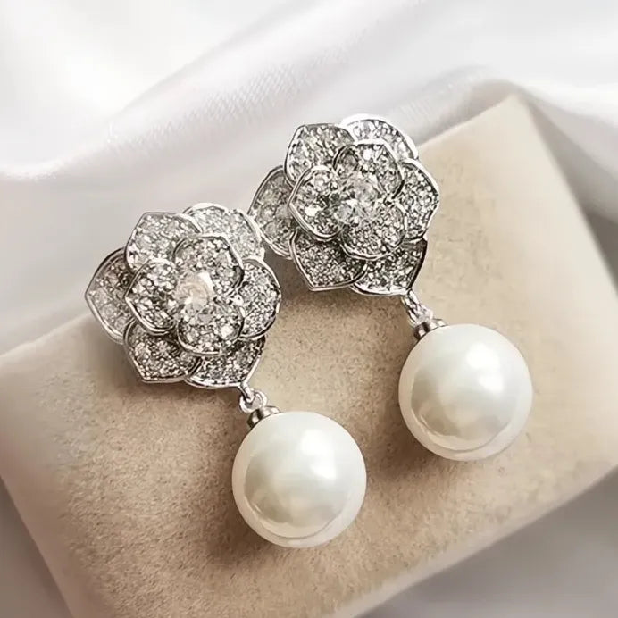 Elegant Flower Imitation Pearl Drop Earrings for Women Wedding Jewelry