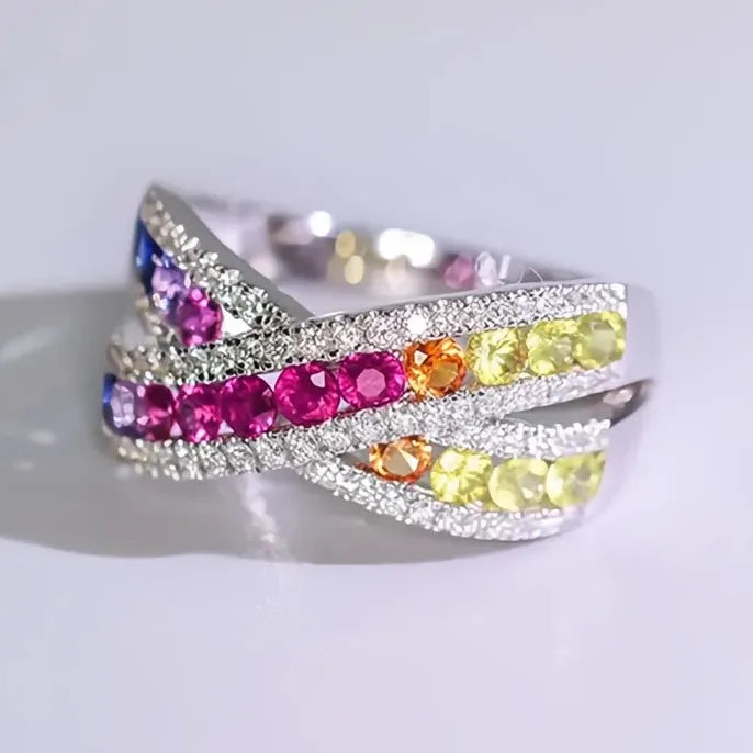 Rainbow Cubic Zirconia Cross Ring Silver Brass Wedding Party Jewelry for Women