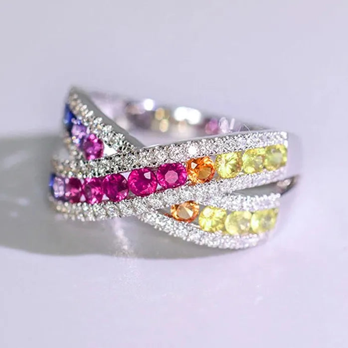 Rainbow CZ Iced Out Silver Cross Ring for Women Wedding Party Jewelry