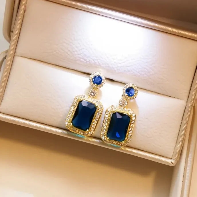 Full Bling Iced Out Blue Green Cubic Zirconia Geometric Drop Earrings for Women Wedding Party Jewelry Copper Alloy