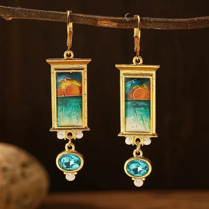 Vintage Gold Zinc Alloy Blue Gemstone Pendant Drop Earrings for Women Parties Engagements