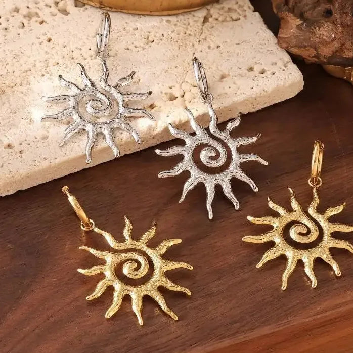 Vintage Stainless Steel Spiral Sunflower Drop Earrings for Women Gold Silver