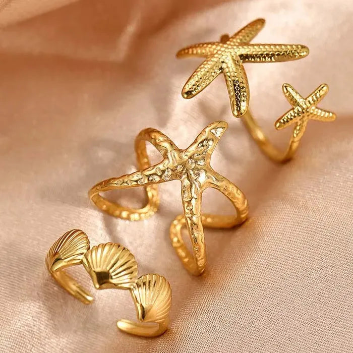 Adjustable Stainless Steel Starfish Conch Shell Ring for Women Gift Jewelry Gold