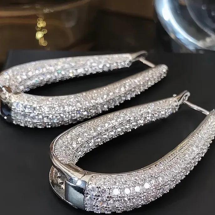 Silver Color Hoop Earrings for Women with Bright Cubic Zirconia, Fashion Party Jewelry Gift