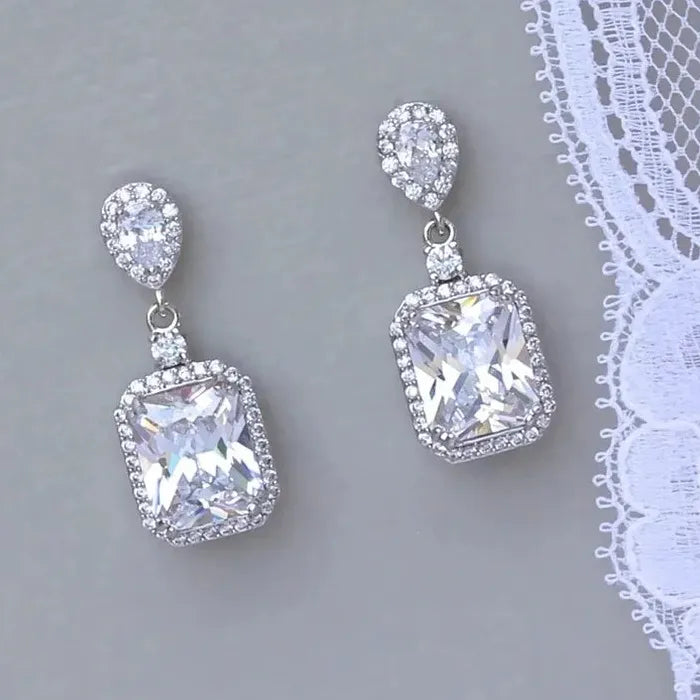Rectangular Cubic Zirconia Drop Earrings Women’s Elegant Wedding Party Jewelry Gift