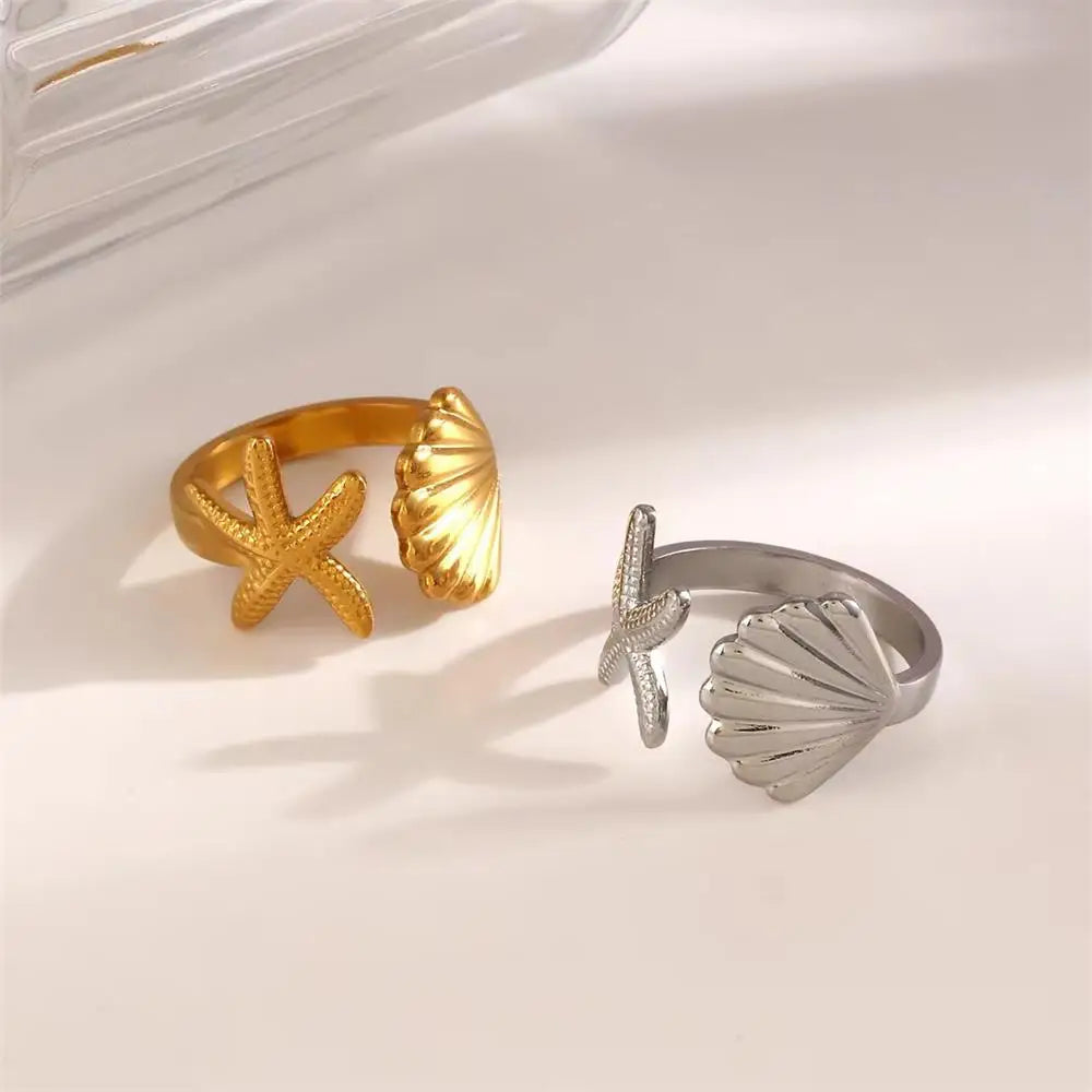 18K Gold Plated Stainless Steel Adjustable Conch Whelk Shell Ring Women