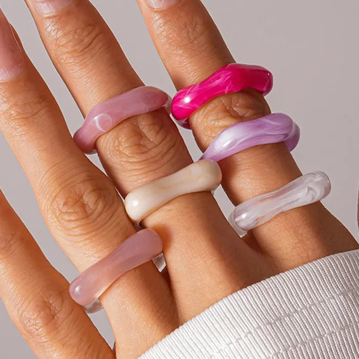 5Pcs Women’s Colourful Geometric Plastic Rings Vintage Simple Gift Set 2025 Mood Tracker