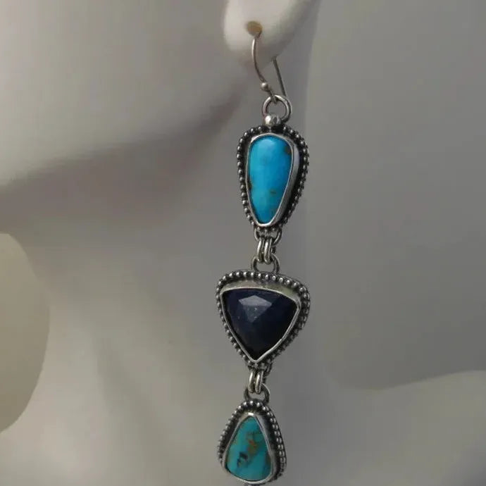 Vintage Triangle Blue Green Stone Drop Earrings Bohemian Ethnic Zinc Alloy Dangle