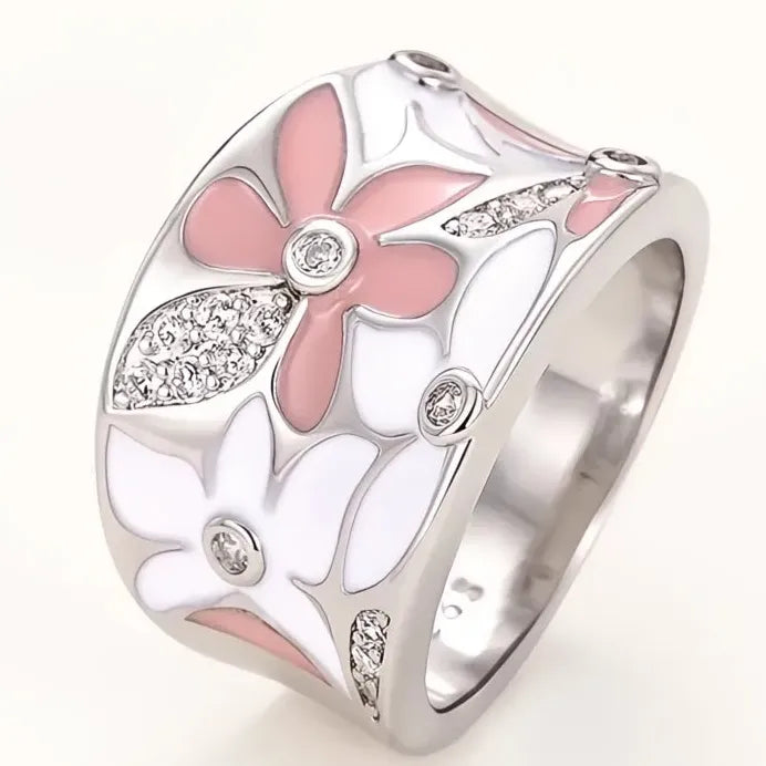 Geometric Silver Enamel Flower Ring with Cubic Zirconia for Women Gift