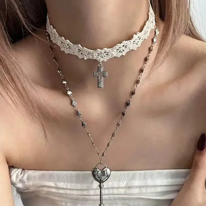 Y2K White Lace Cross Strap Key Pendant Choker Necklace for Women Jewelry