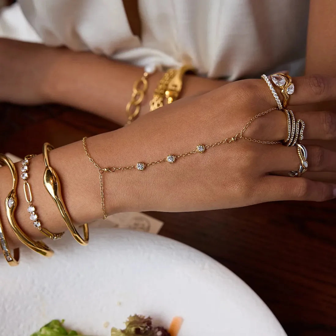 Golden Stainless Steel Zircon Finger Ring Chain Bracelet Women Trendy Waterproof Jewelry